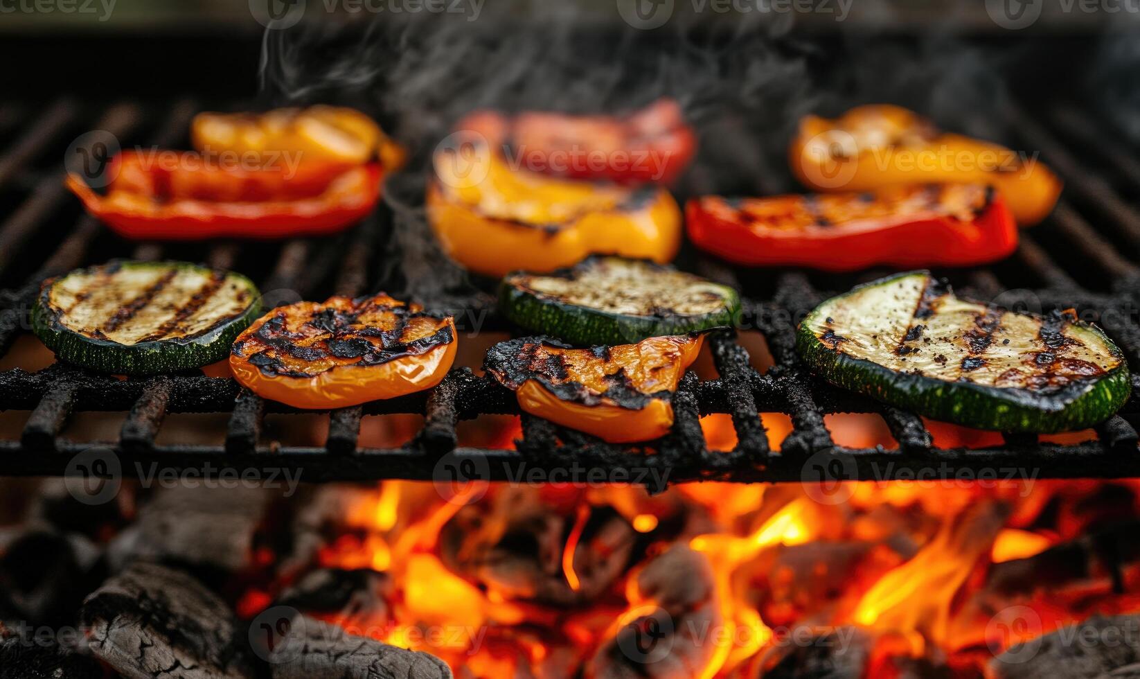Colorful bell peppers and zucchini slices grilling over hot coals photo