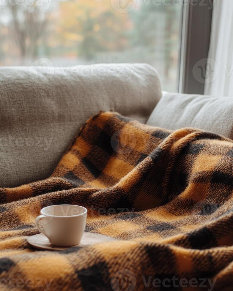 Cozy plaid blanket, autumn tones of brown and red photo