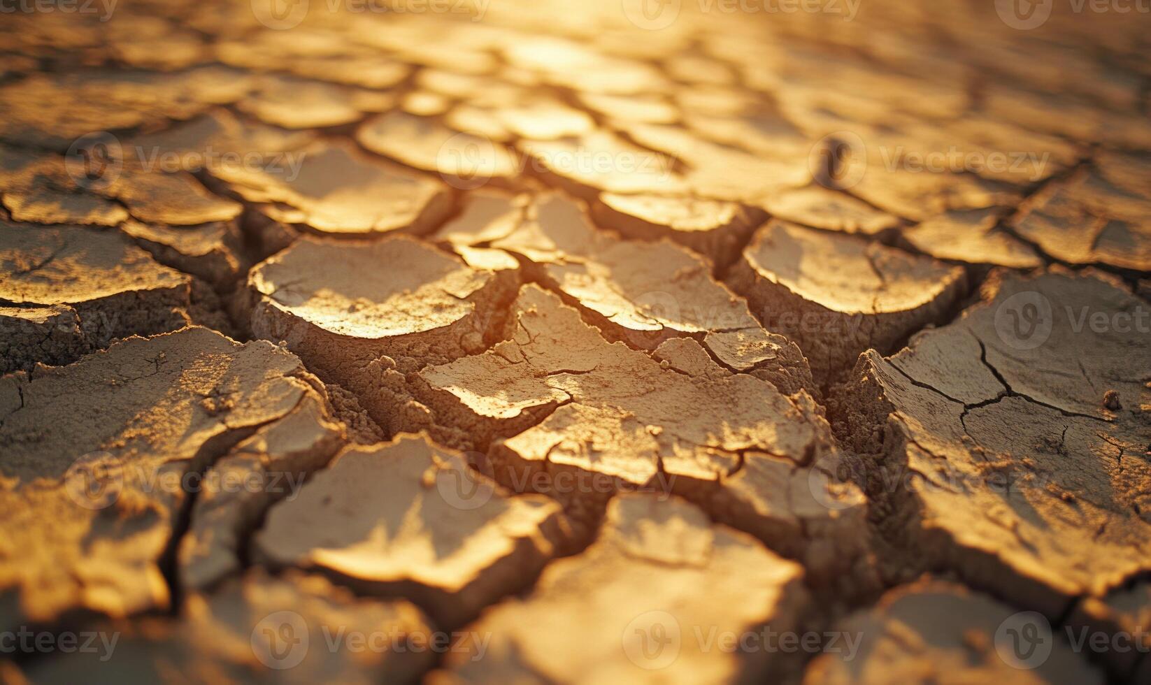 Close-up of cracked, dry soil, dusty and lifeless, wide cracks spreading across photo