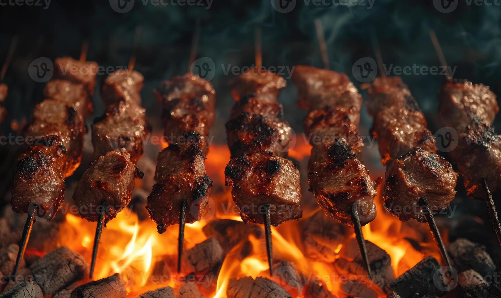 Close-up of perfectly grilled meat, caramelized edges and crispy fat glistening photo