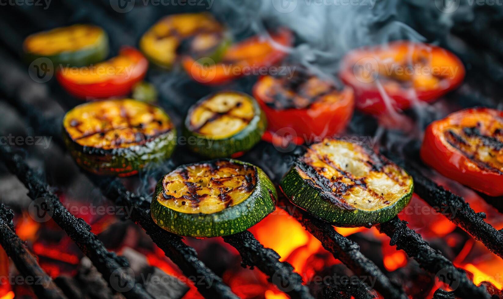 Colorful bell peppers and zucchini slices grilling over hot coals photo
