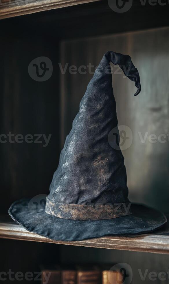 A worn, black wizard hat, crumpled brim, standing upright photo