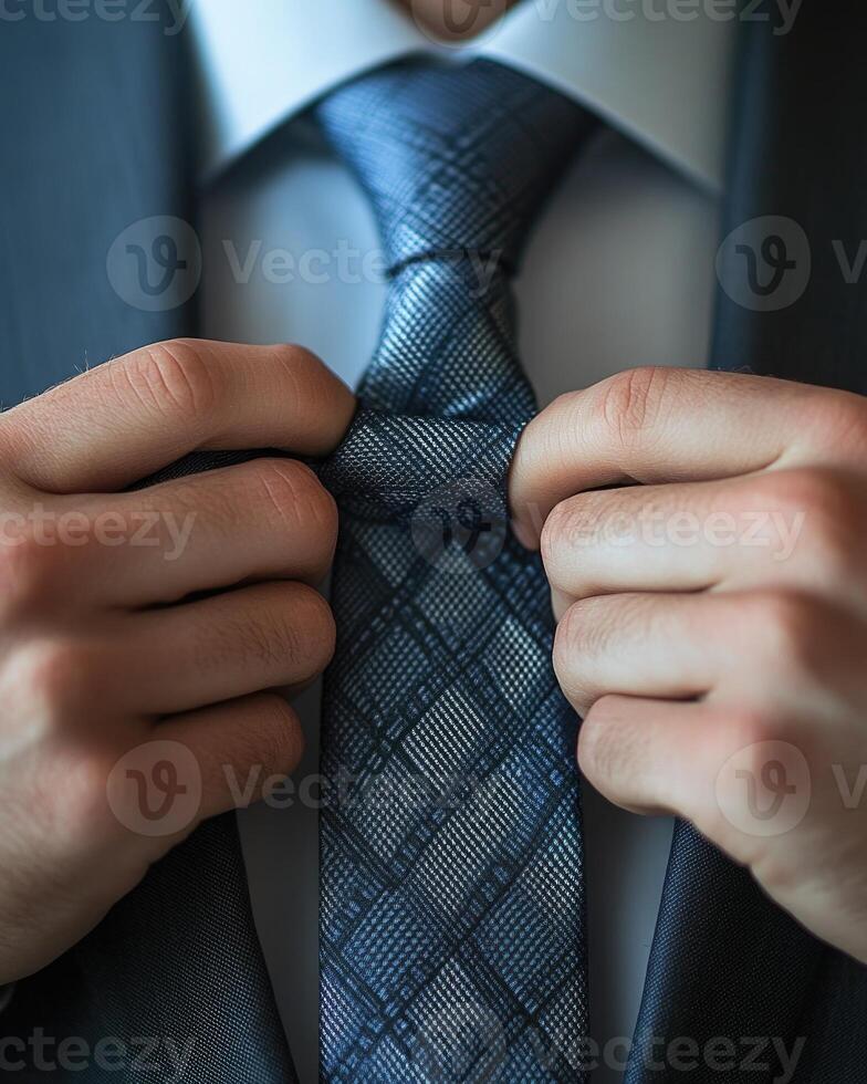 Close-up of male hands adjusting a tie photo