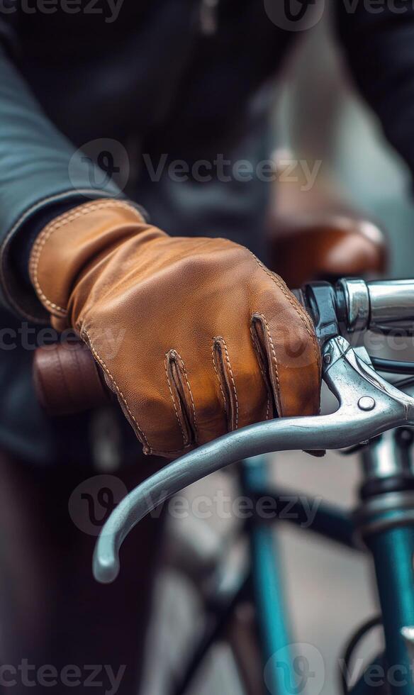 Close-up of gloved hands holding a bicycle handlebar photo