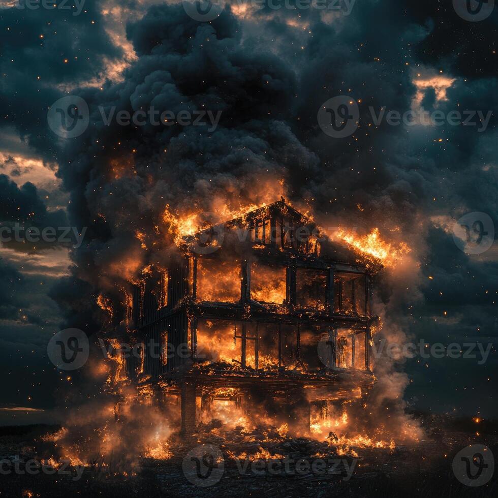 A two-story building consumed by intense flames, the wooden frame collapsing under pressure photo