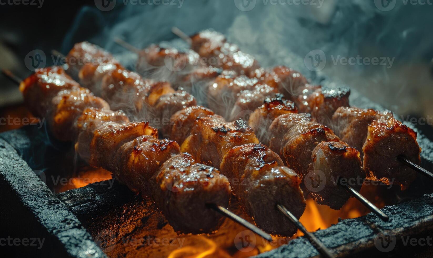 Close-up of perfectly grilled meat, caramelized edges and crispy fat glistening photo