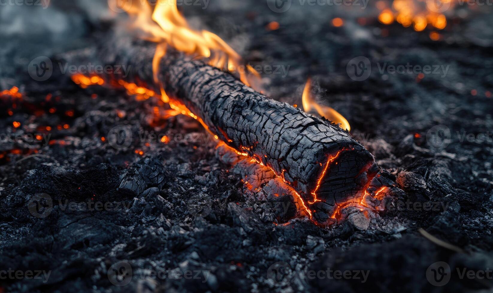 Close-up of a burning tree branch, flames licking at the wood photo