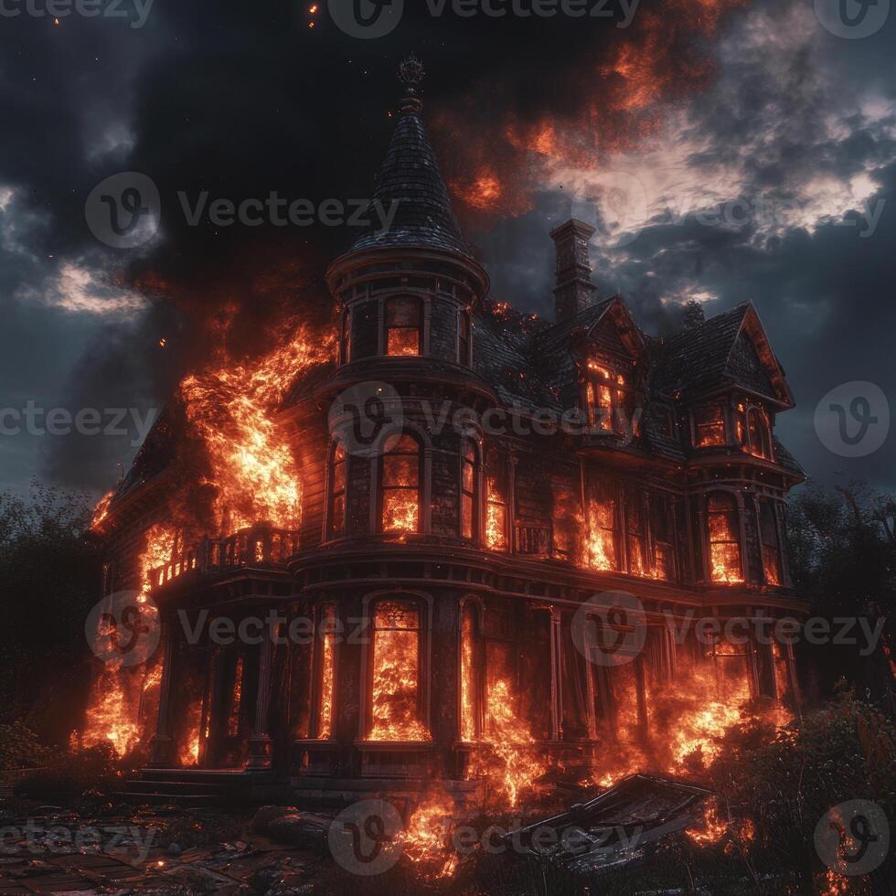 An old Victorian house caught in a blaze photo