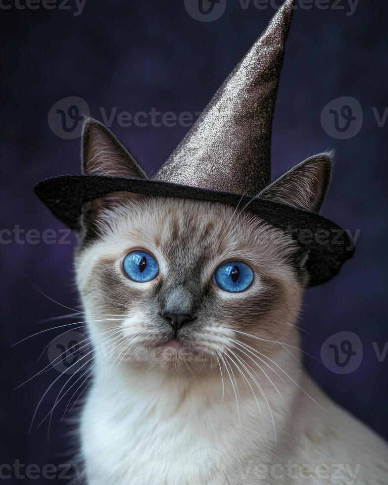 A white and grey cat, bright blue eyes, wearing a small pointed witch hat photo