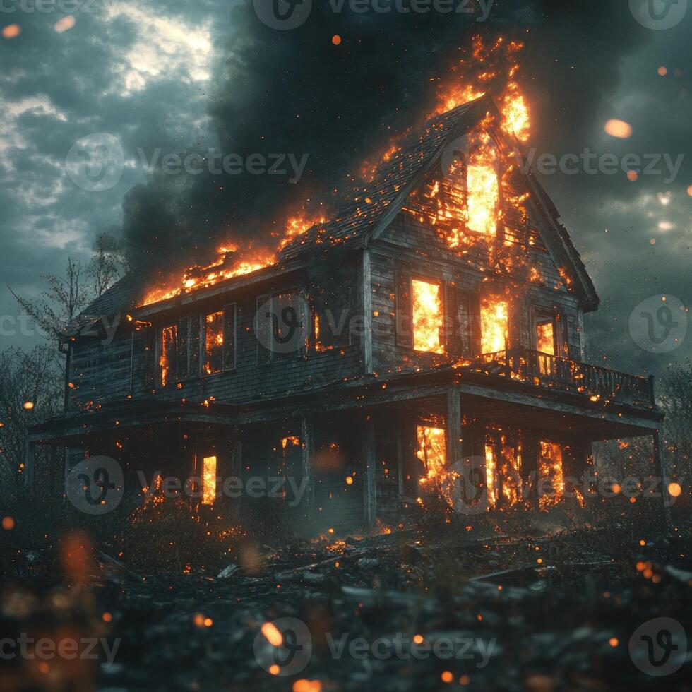 A two-story building consumed by intense flames, the wooden frame collapsing under pressure photo