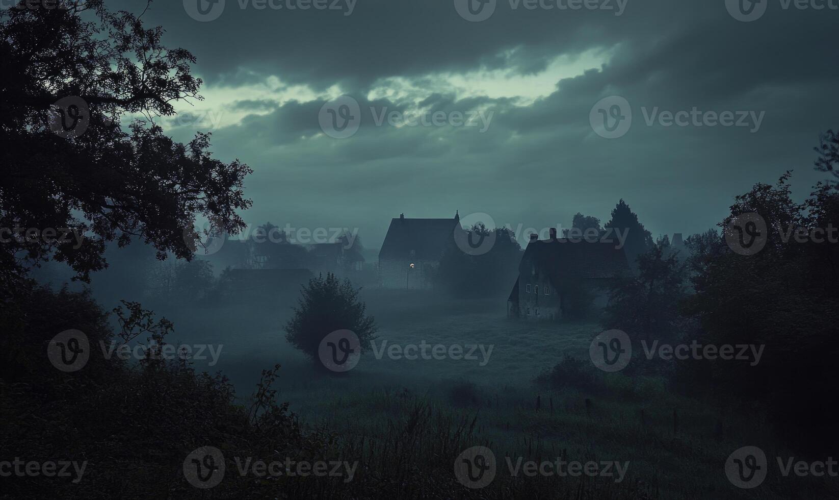 Dark and brooding clouds gathering over a quiet lake photo