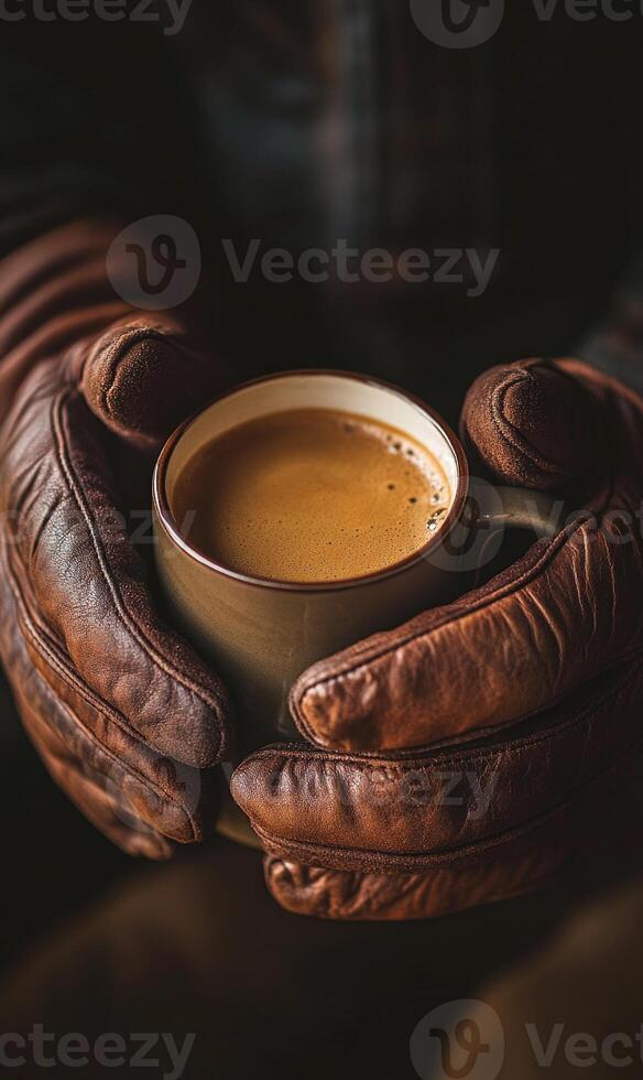 Close-up of gloved hands gripping a coffee mug photo