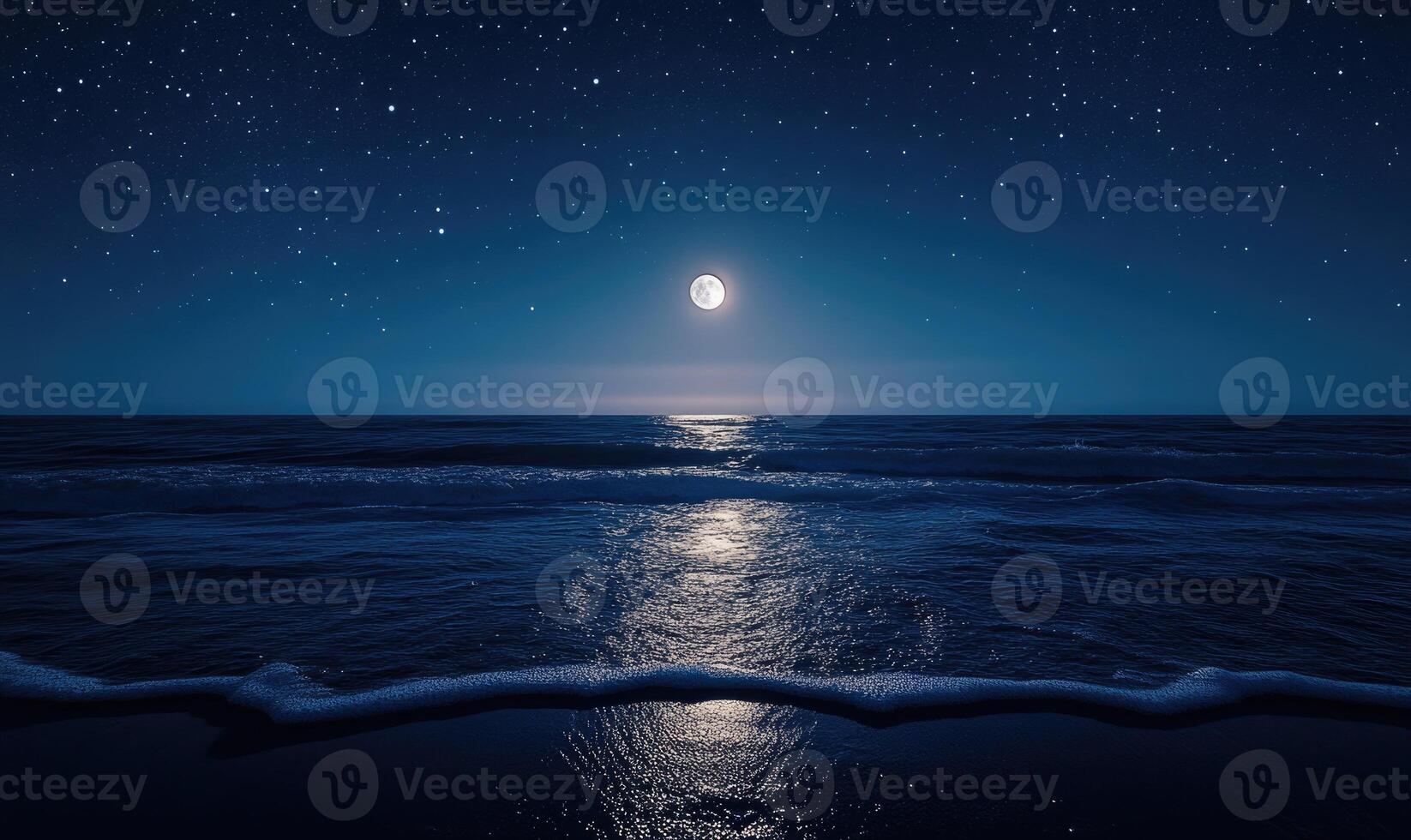 Bright moon casting a long reflection on the ocean photo