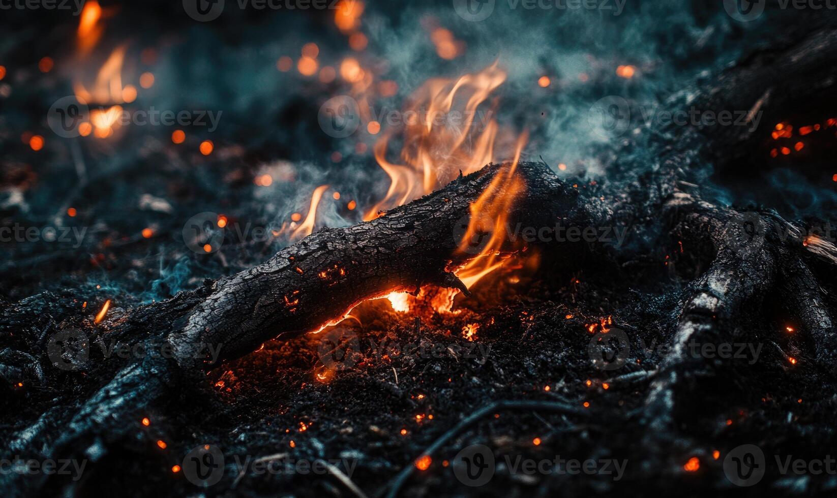 Close-up of a burning tree branch, flames licking at the wood photo