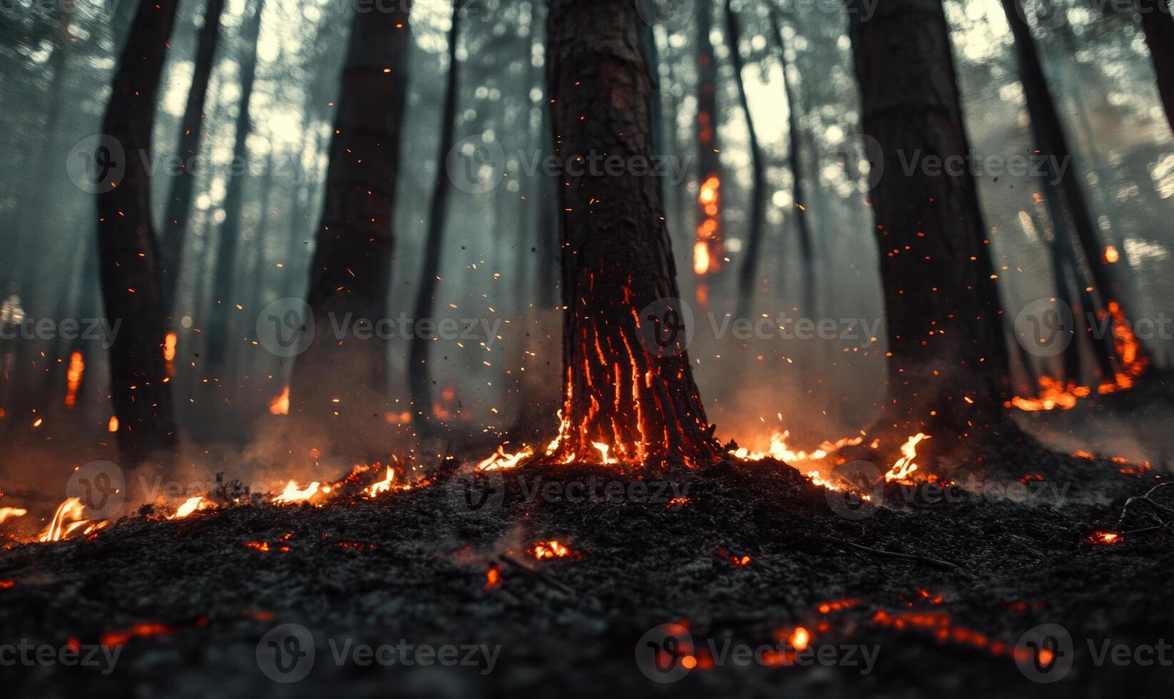 Close-up of burning trees in a forest, flames climbing up the trunks photo