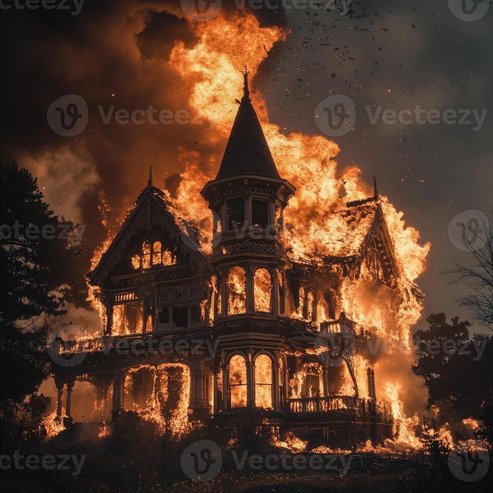 An old Victorian house caught in a blaze photo
