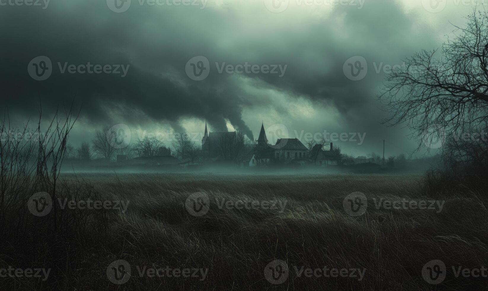 Dark and brooding clouds gathering over a quiet lake photo