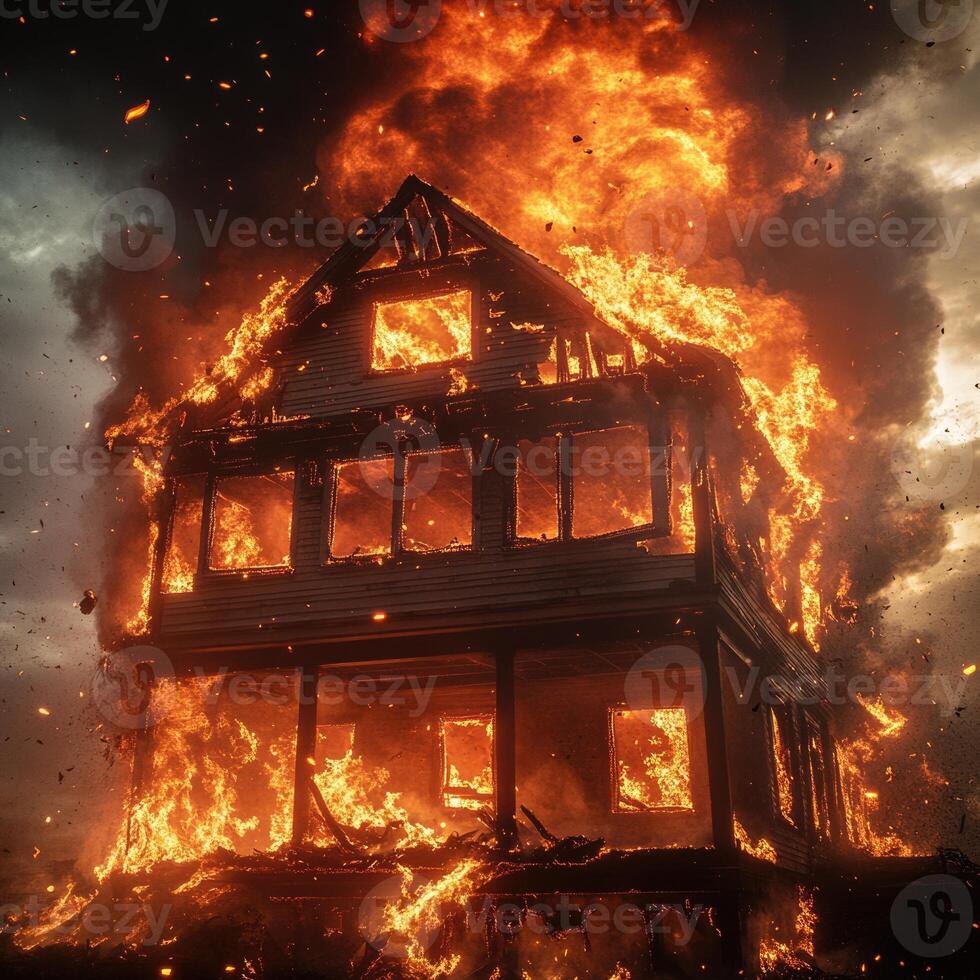A two-story building consumed by intense flames, the wooden frame collapsing under pressure photo