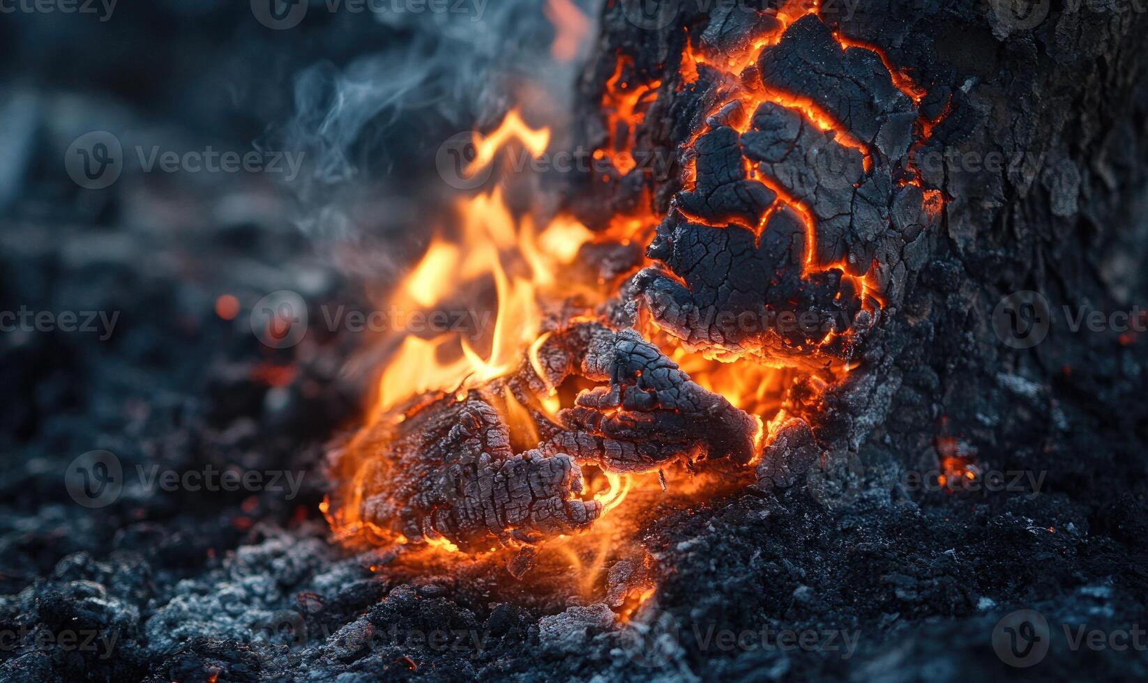 Close-up of a burning tree branch, flames licking at the wood photo