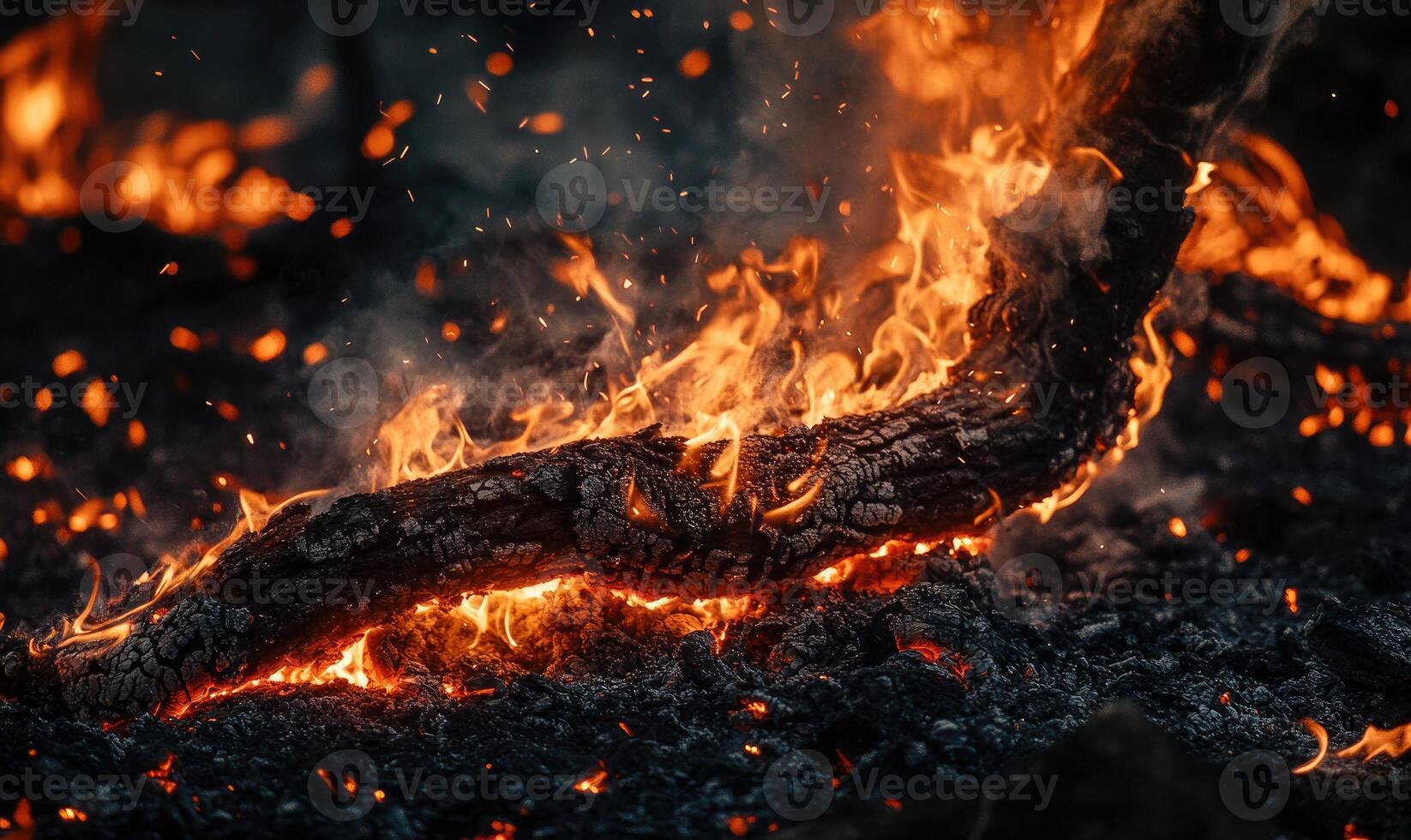 Close-up of flames consuming a tree branch, embers glowing in the air photo