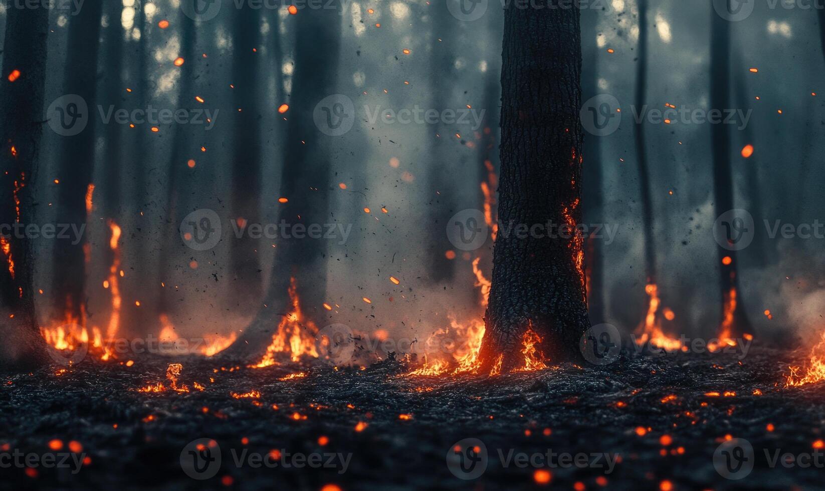Close-up of burning trees in a forest, flames climbing up the trunks photo