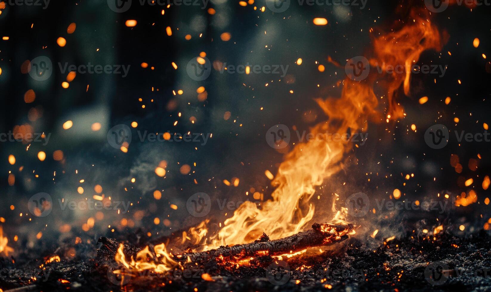 Close-up of flames consuming a tree branch, embers glowing in the air photo
