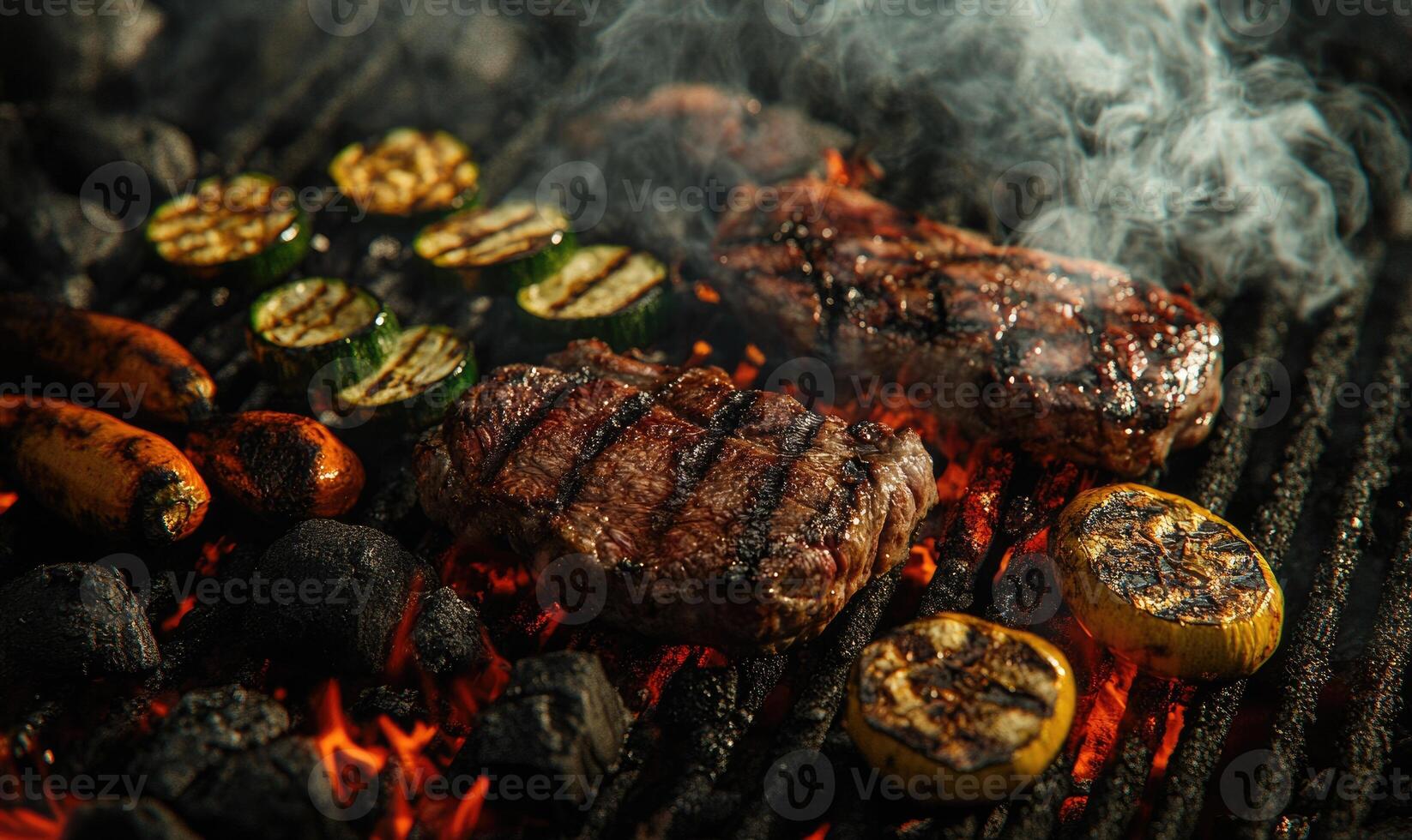 Close-up of hot, radiant charcoal, meat and vegetables grilling over deep red embers photo