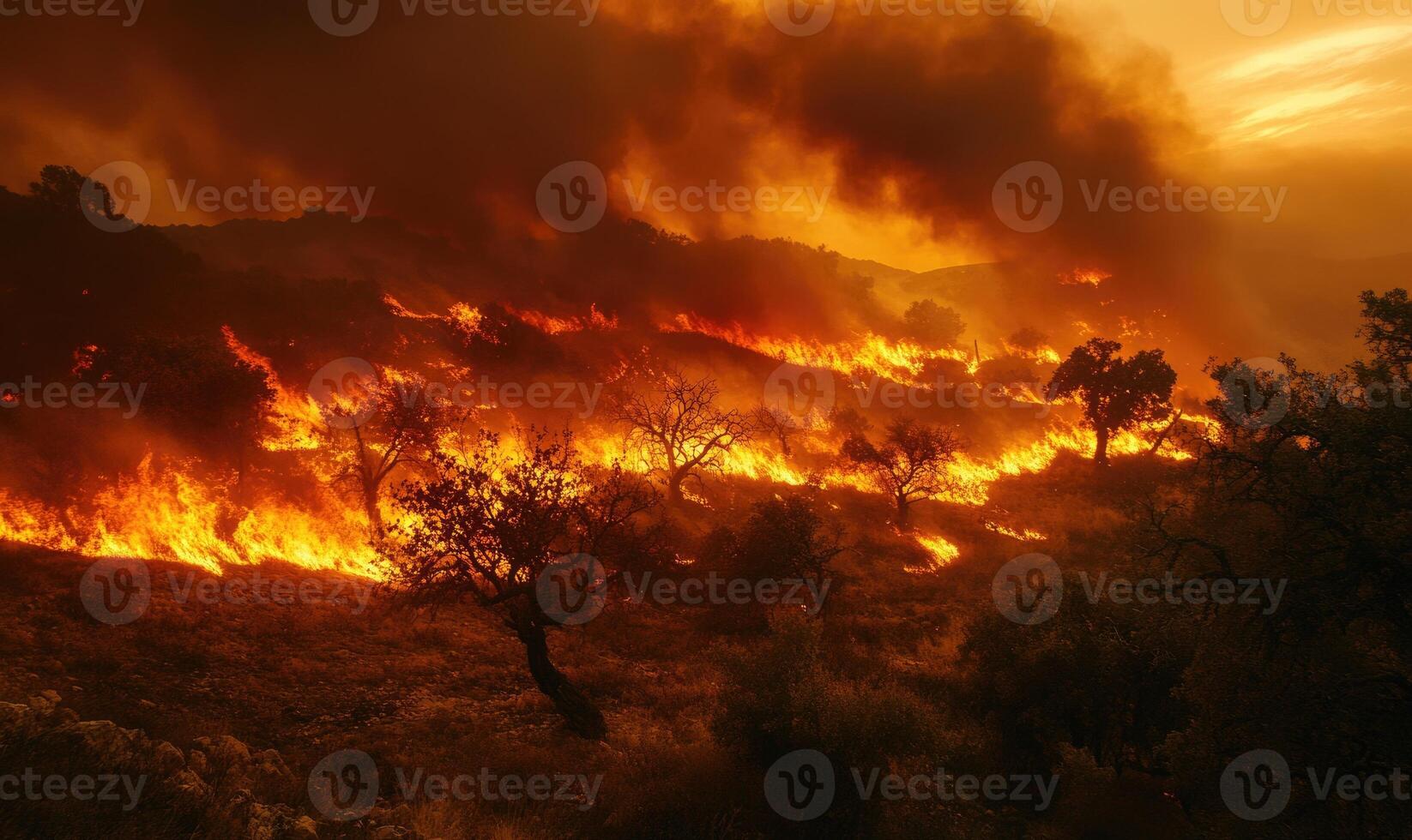 A wildfire blazing through a forested area, thick smoke billowing into the sky photo