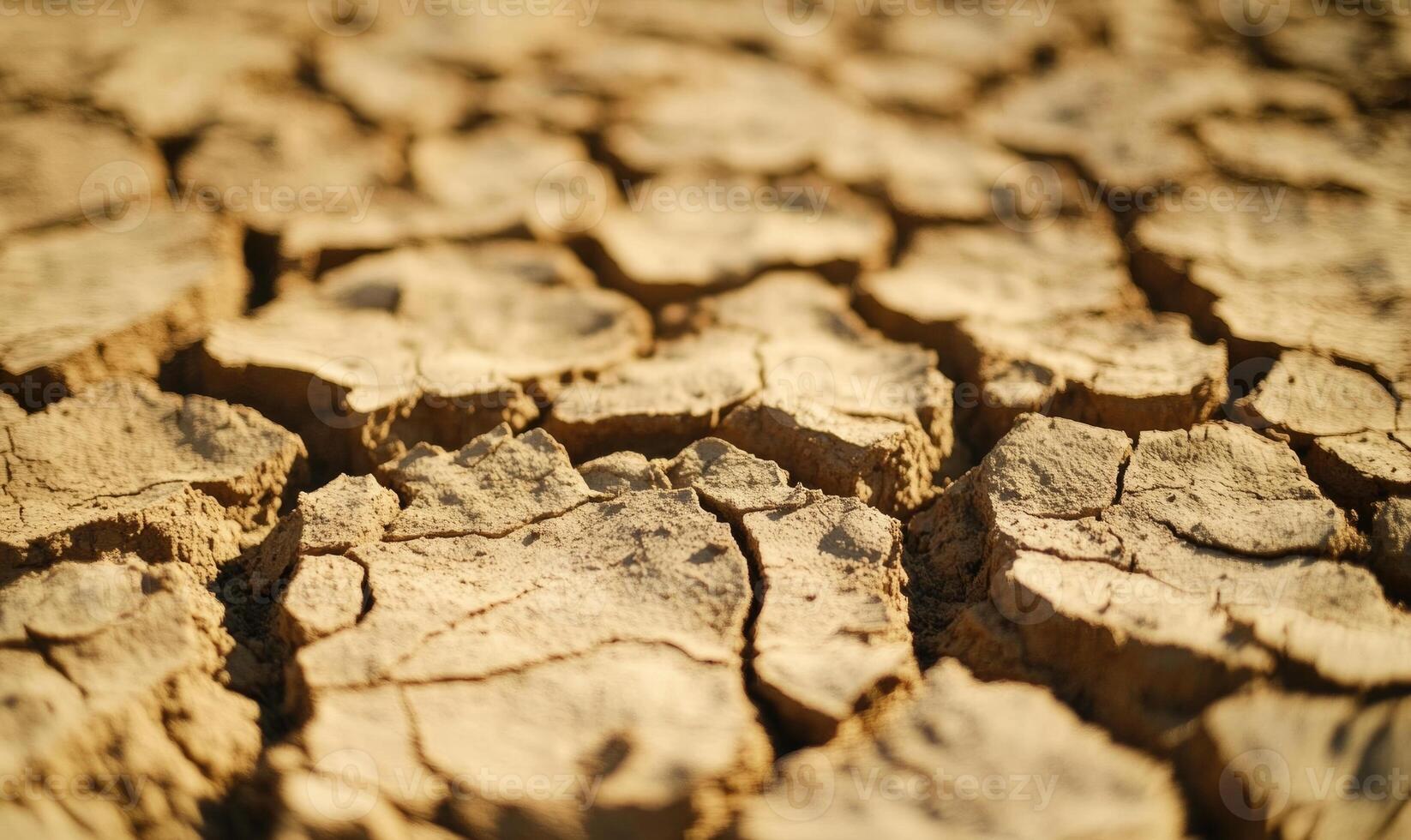 Close-up of cracked, dry soil, dusty and lifeless, wide cracks spreading across photo