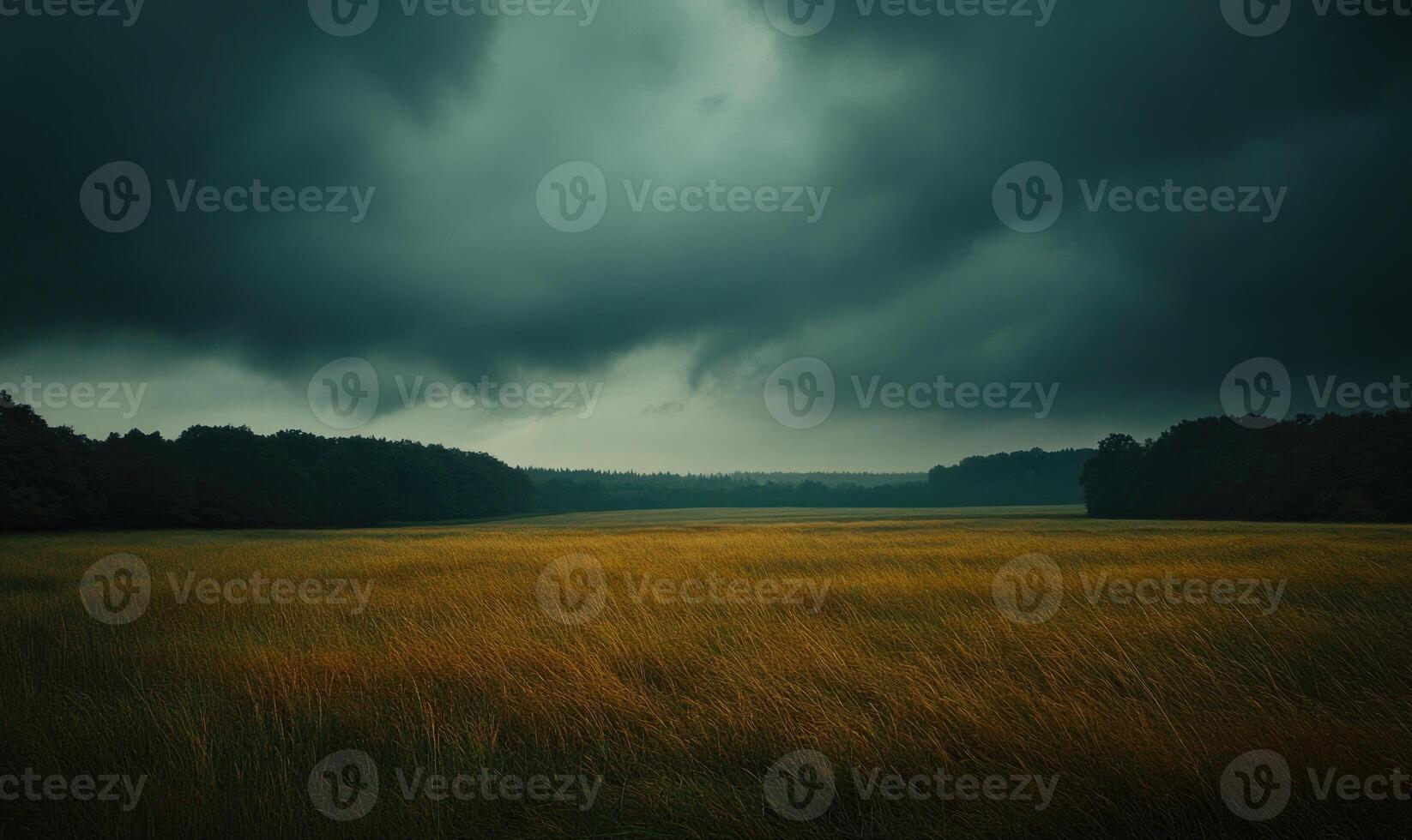 Dark clouds looming over a wide open field photo