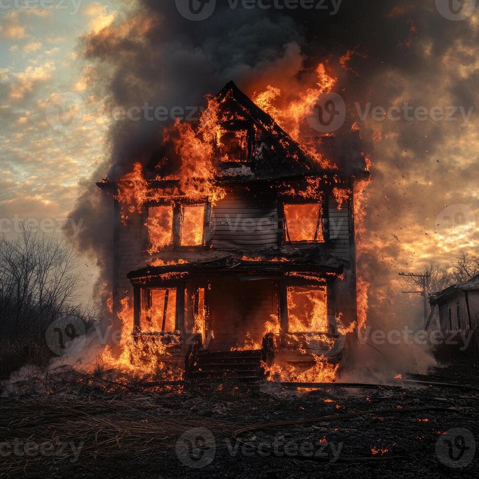 A two-story building consumed by intense flames, the wooden frame collapsing under pressure photo
