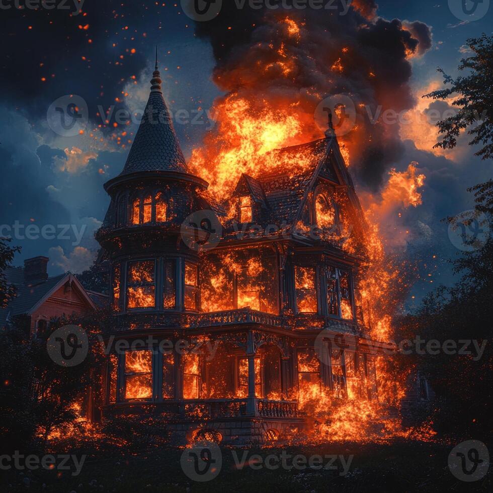 An old Victorian house caught in a blaze photo