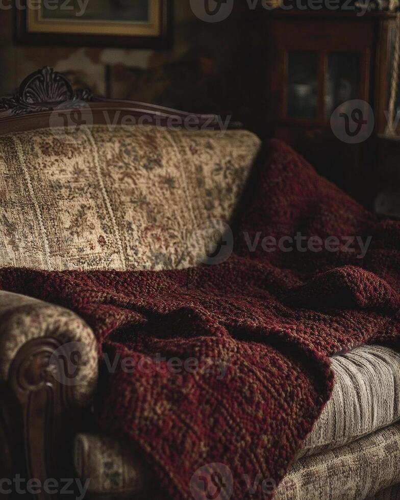Chunky, textured blanket, autumn hues of deep red and brown photo