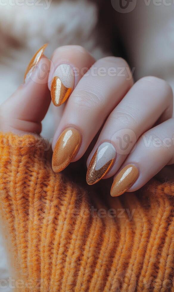 Close-up of hands with orange and gold nails photo