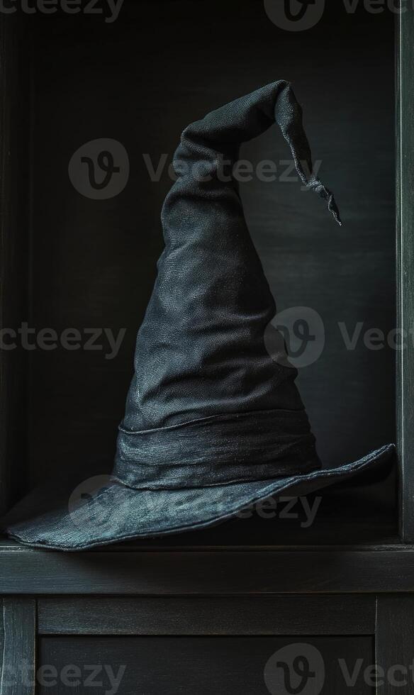 A worn, black wizard hat, crumpled brim, standing upright photo