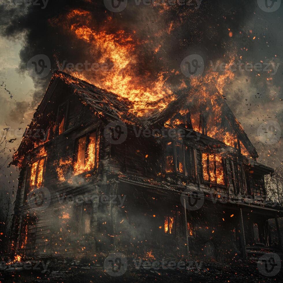 A two-story building consumed by intense flames, the wooden frame collapsing under pressure photo