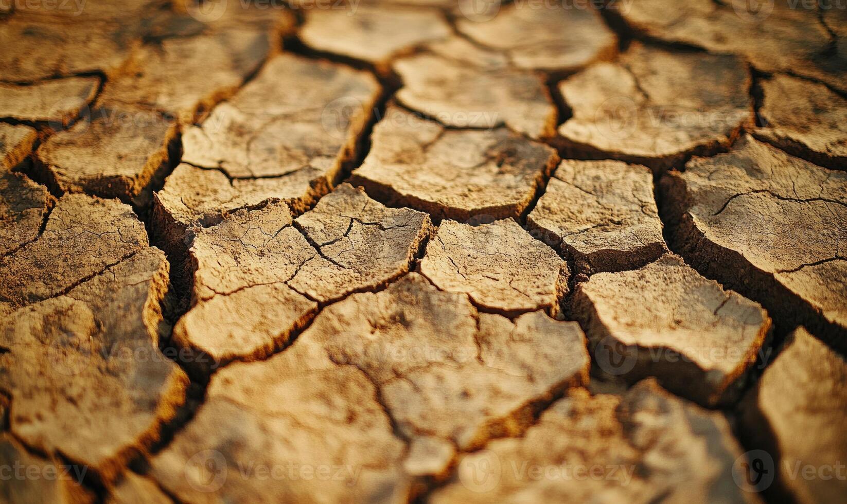 Close-up of cracked, dry soil, dusty and lifeless, wide cracks spreading across photo