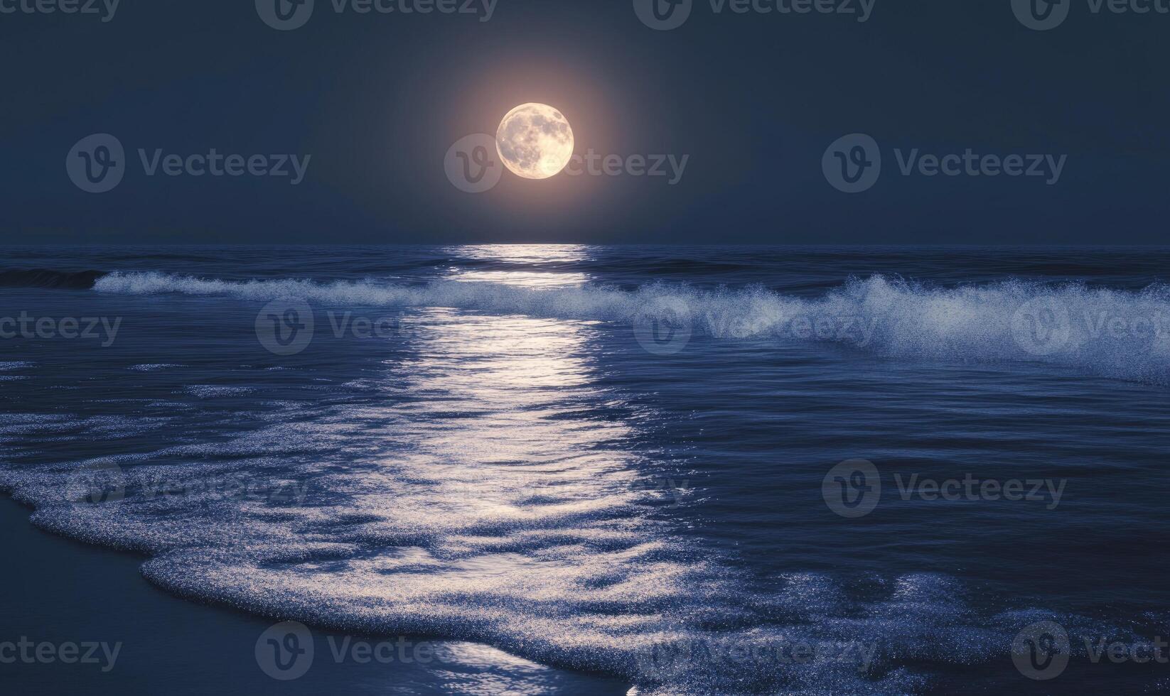 Bright moon casting a long reflection on the ocean photo