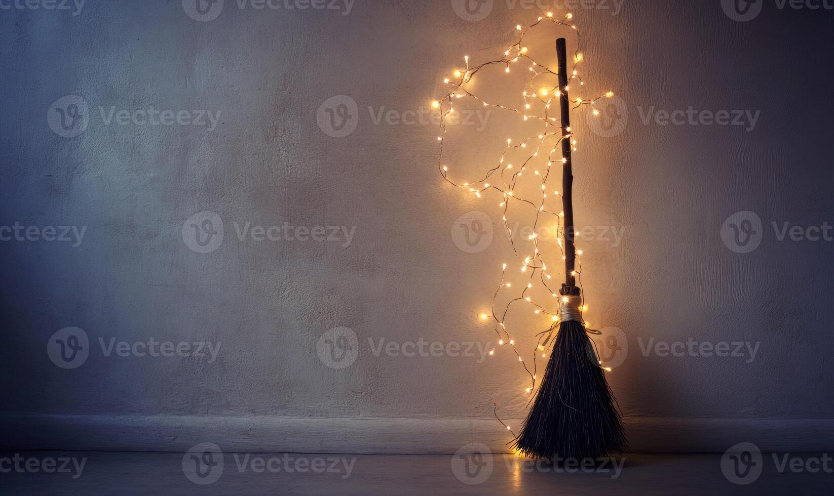 A witch's broom covered in twinkling fairy lights, placed against a white plaster wall photo