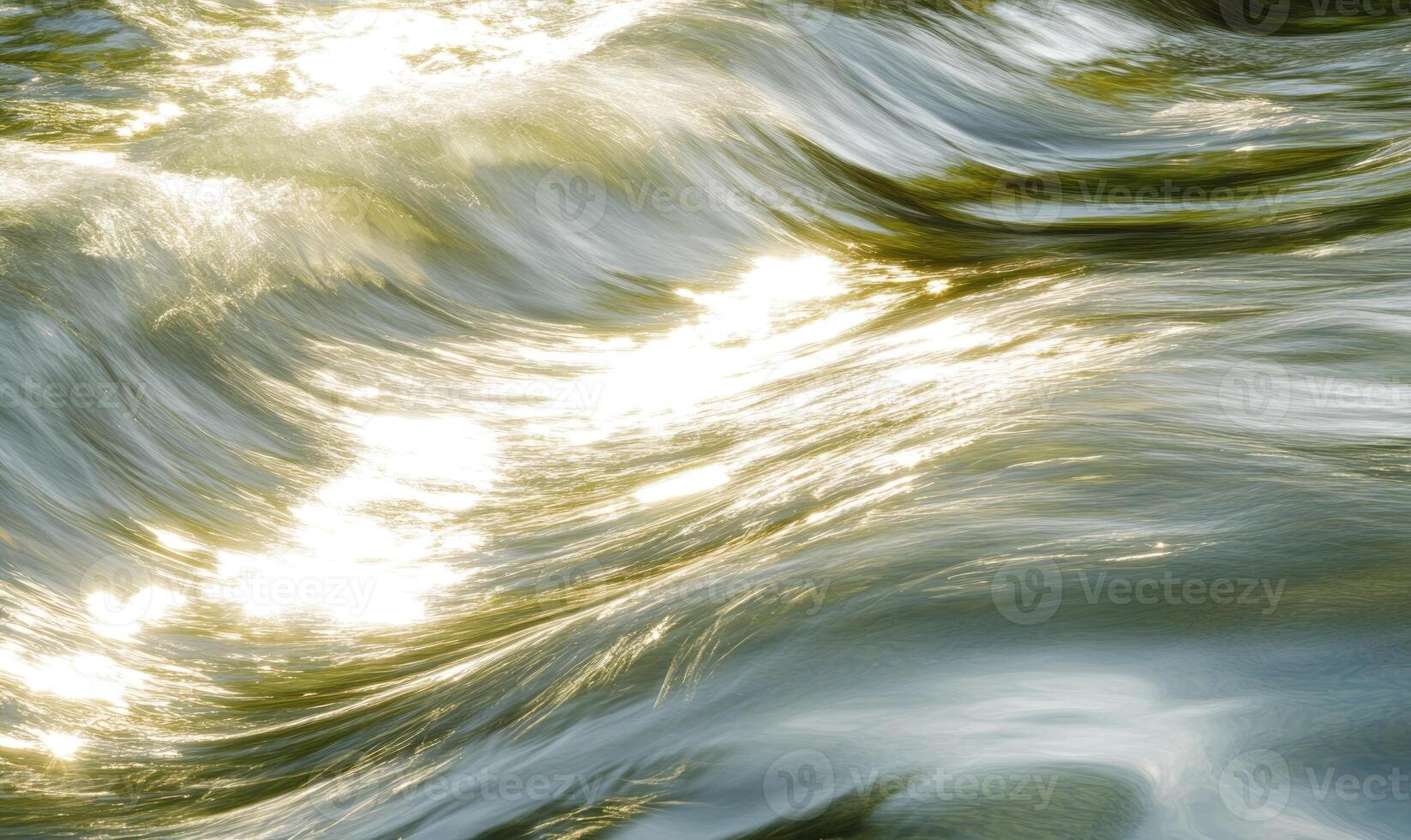 Close-up of a flowing river, sunlight reflecting on the water photo