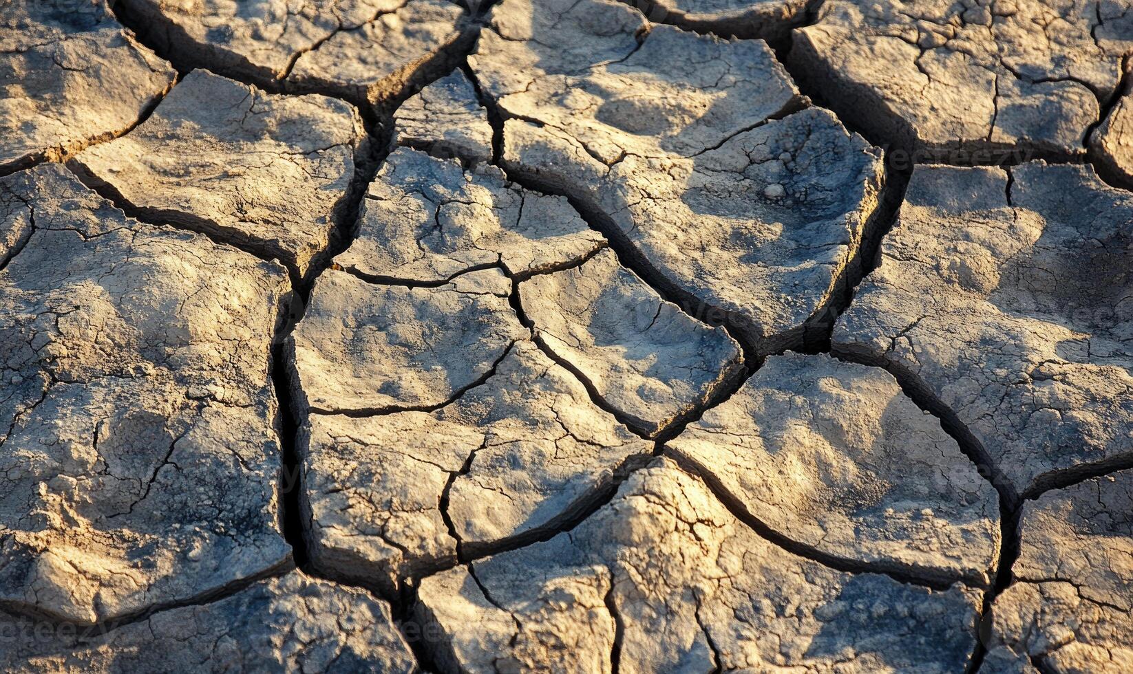 Close-up of rough, dry ground, deep cracks and fissures photo