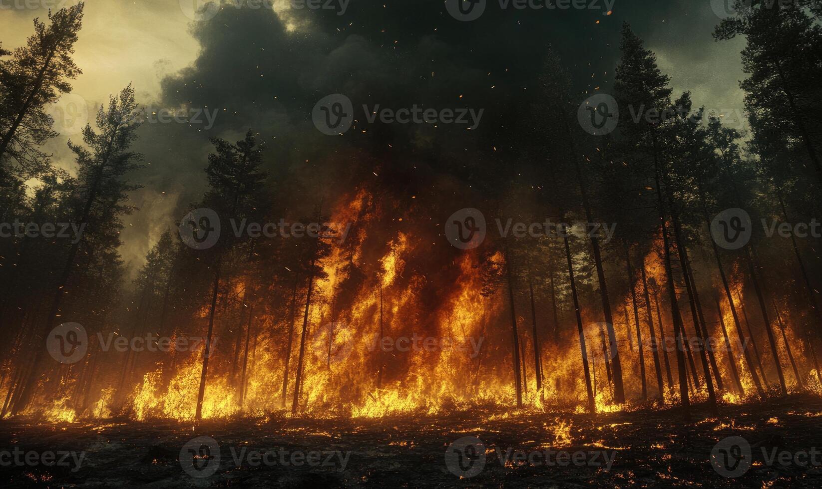 A wildfire blazing through a forested area, flames climbing high into the trees photo