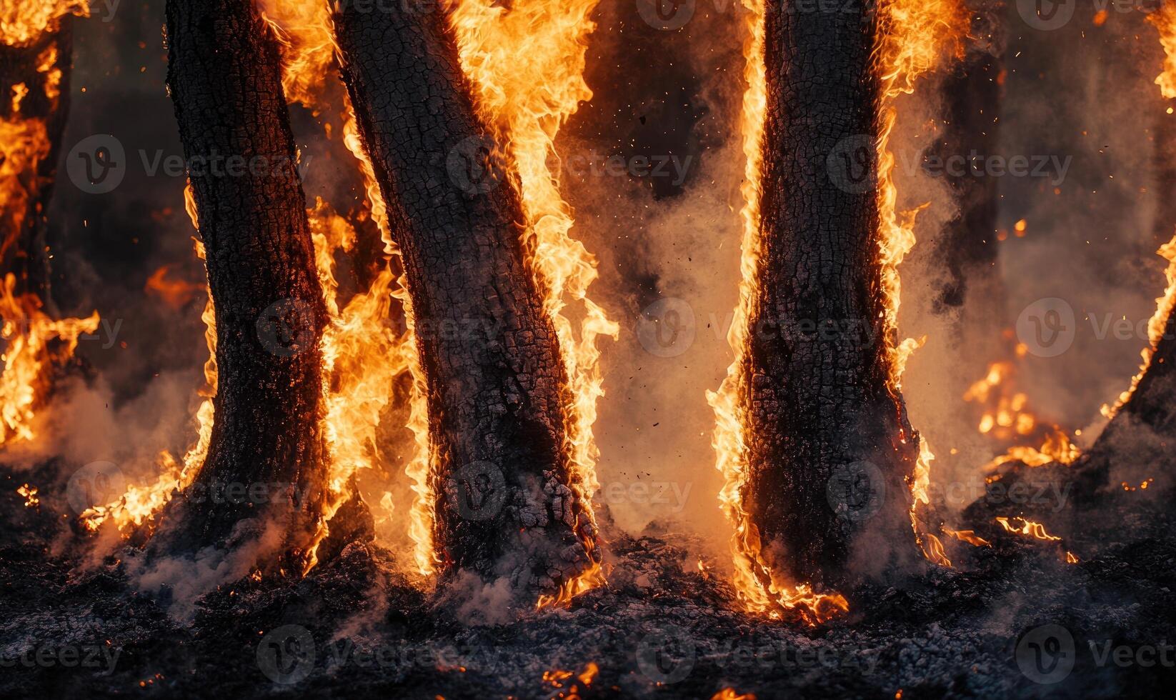 Close-up of flames consuming a tree branch, embers glowing in the air photo