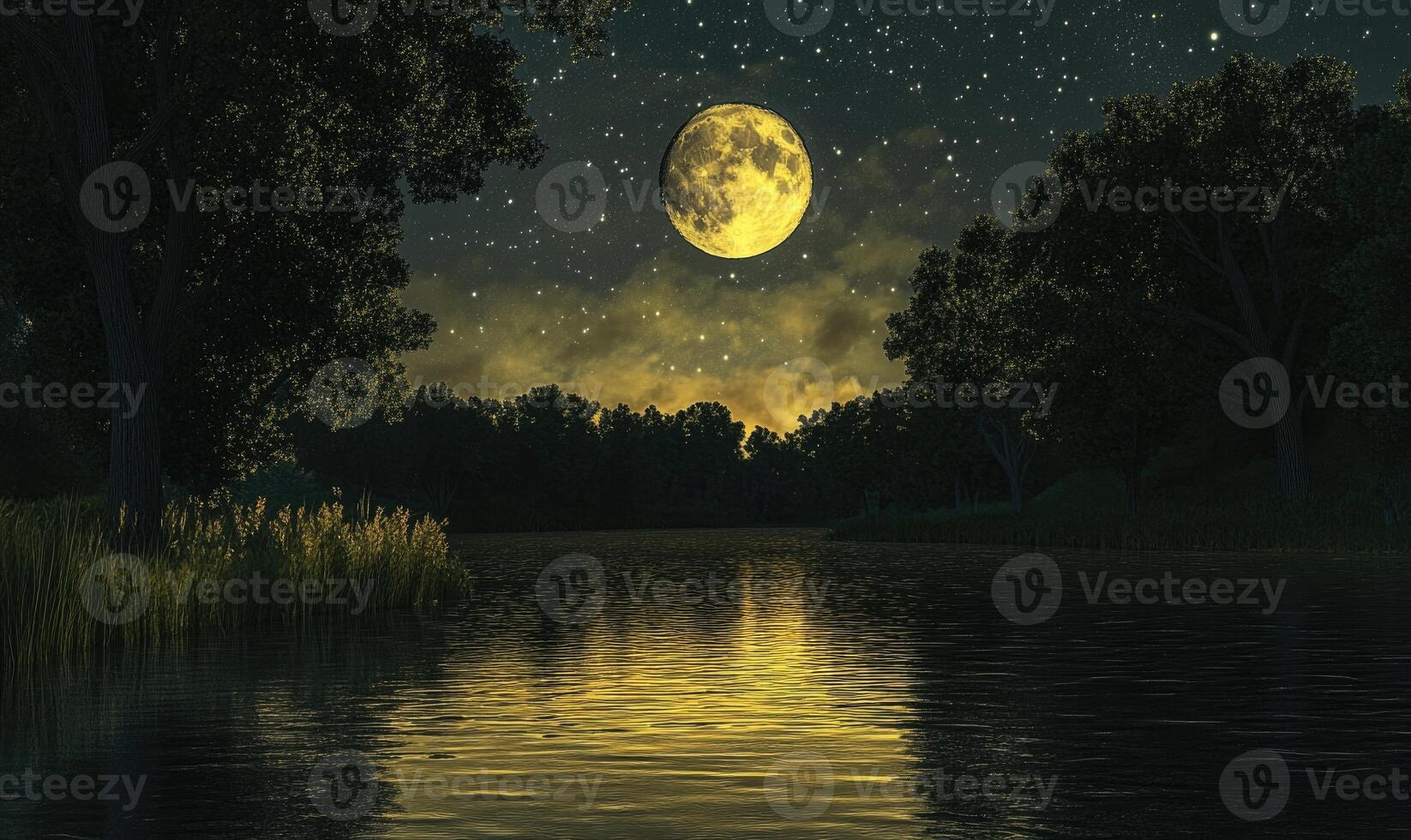 Calm river reflecting the bright moon, tall trees on the banks photo
