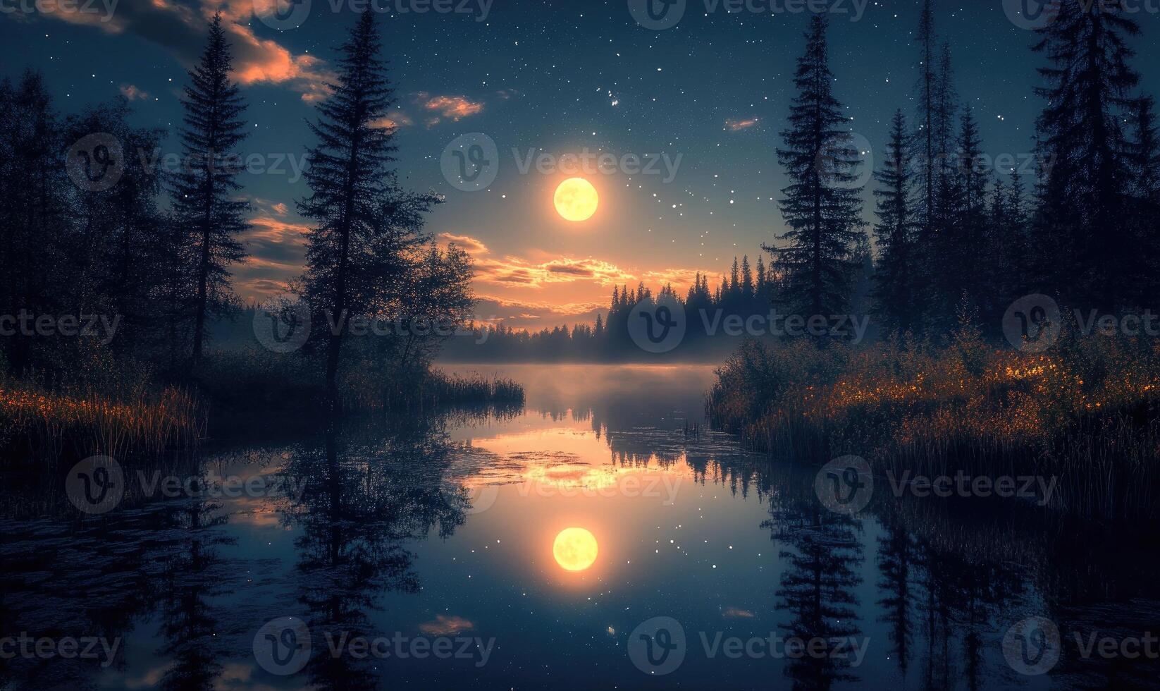 Calm river reflecting the bright moon, tall trees on the banks photo