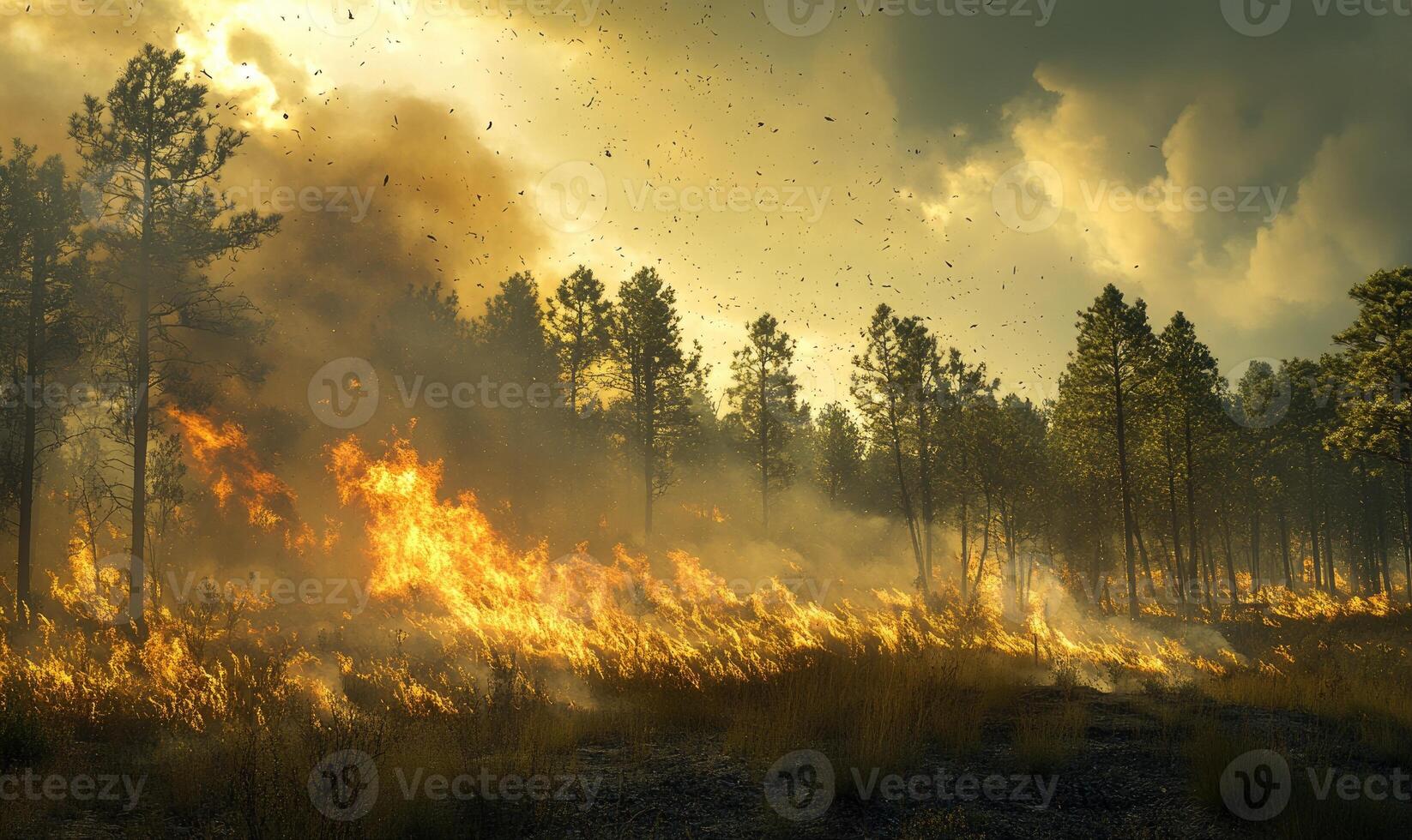 A wildfire blazing through a forested area, flames climbing high into the trees photo