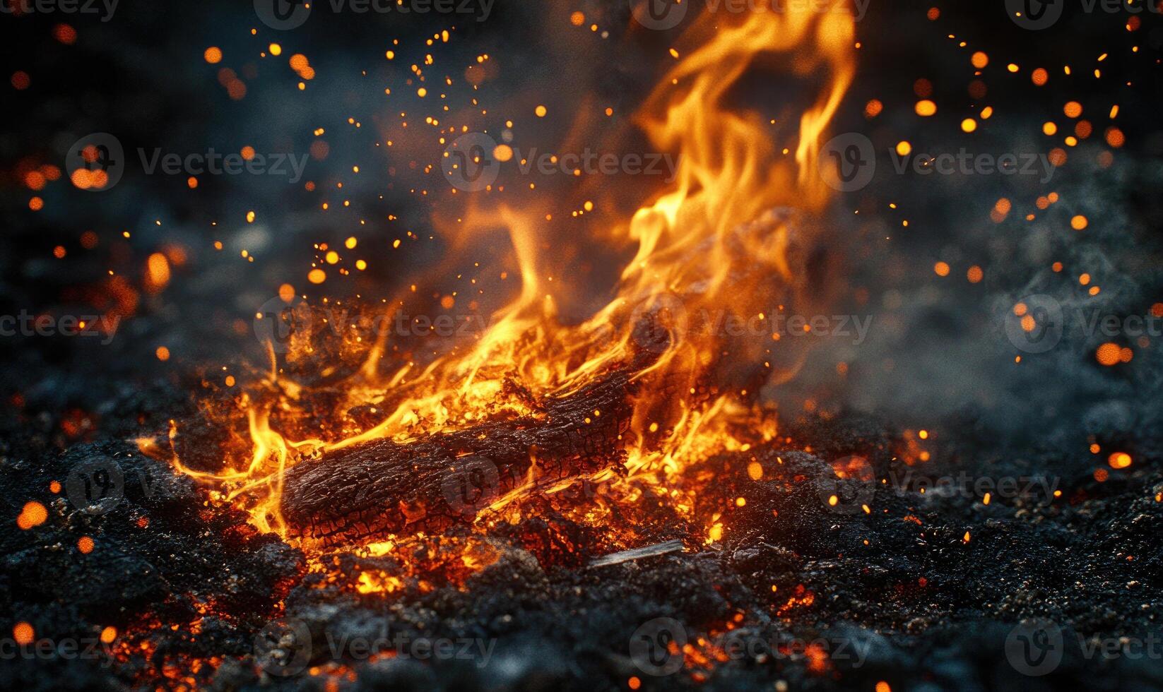 Close-up of flames consuming a tree branch, embers glowing in the air photo