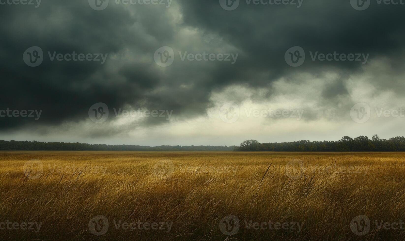 Dark clouds looming over a wide open field photo