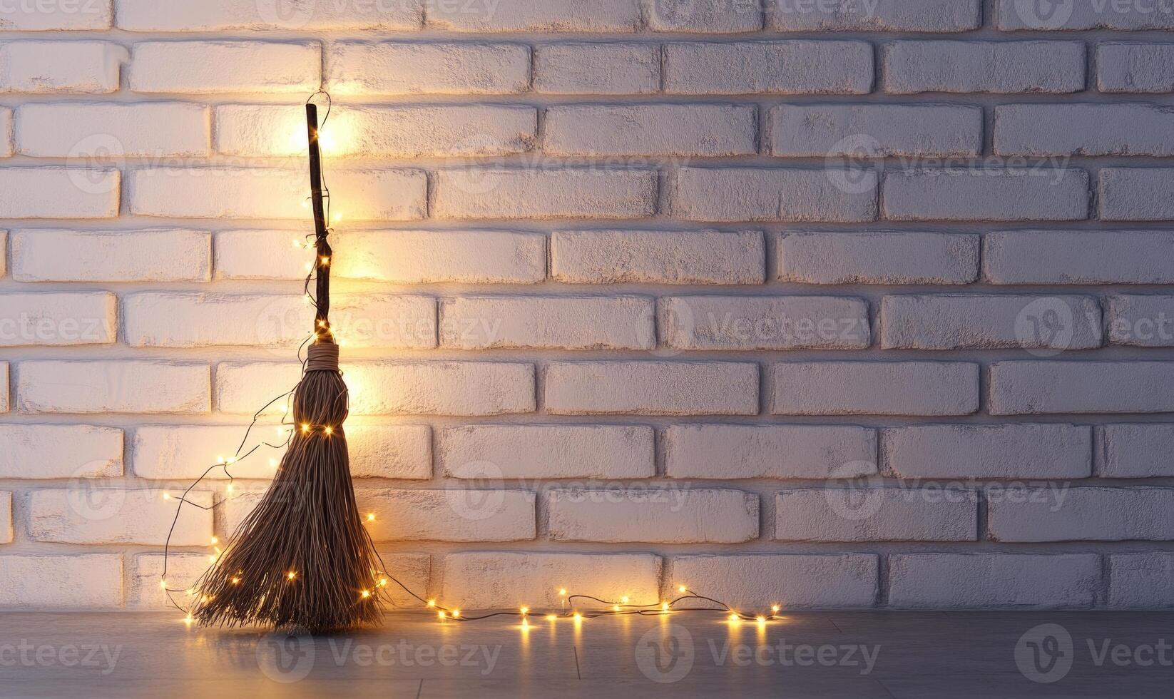 A witch's broom wrapped with golden twinkling lights photo