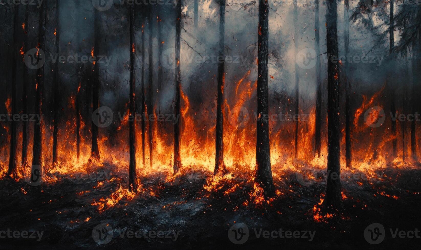 Close-up of burning trees in a forest, flames climbing up the trunks photo